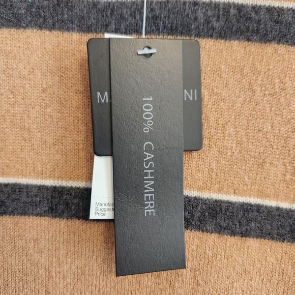 Magaschoni Man Men's Size Medium 100% Cashmere Tan/Navy Striped Long Sleeve NWT‎ - Picture 6 of 6